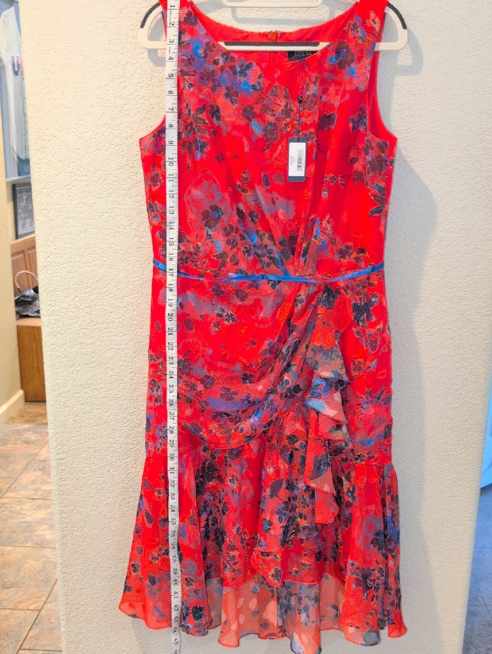 Marchesa Red Floral Sleeveless Midi Dress with Navy Floral Print Luxury - Picture 7 of 8